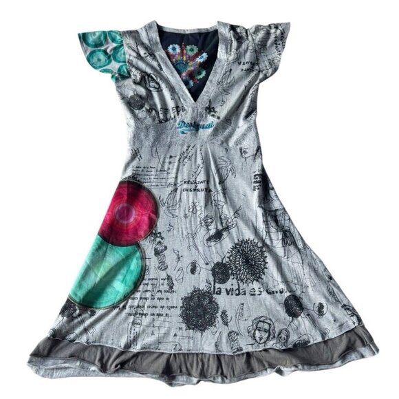 Desigual Woman's Sz M Gray Silver Turquoise Abstract Print V Neck Dress - Picture 10 of 10